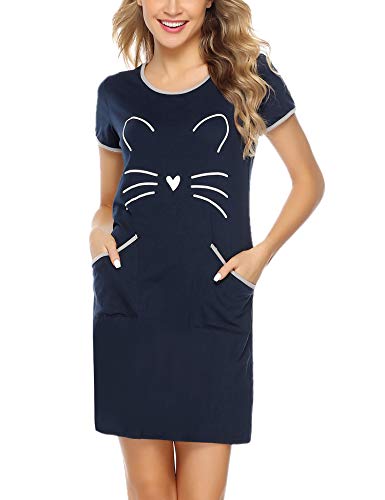 Sykooria Camisón de algodón para Mujer Camisón con Estampado Lindo Ropa de Dormir Suave con Bolsillo