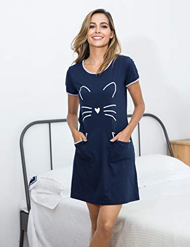Sykooria Camisón de algodón para Mujer Camisón con Estampado Lindo Ropa de Dormir Suave con Bolsillo
