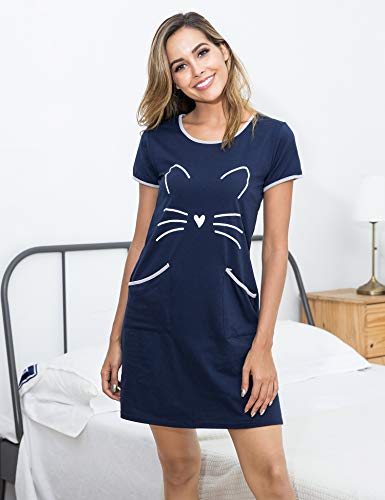 Sykooria Camisón de algodón para Mujer Camisón con Estampado Lindo Ropa de Dormir Suave con Bolsillo