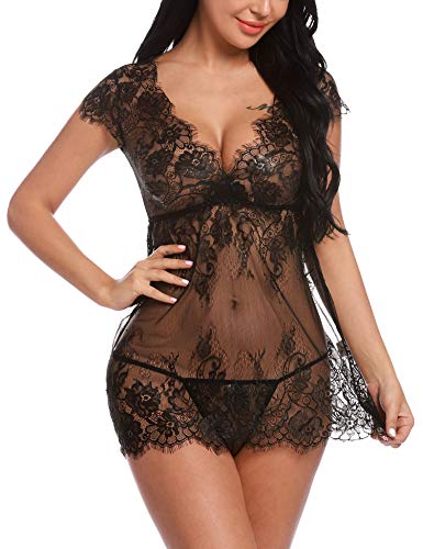 Sykooria Conjunto de lencería de Encaje Sexy Babydoll Nightwear Chemise Deep V- Cuello camisón