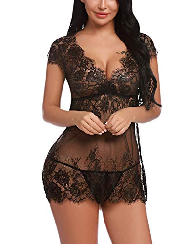 Sykooria Conjunto de lencería de Encaje Sexy Babydoll Nightwear Chemise Deep V- Cuello camisón