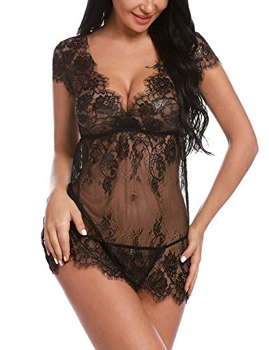 Sykooria Conjunto de lencería de Encaje Sexy Babydoll Nightwear Chemise Deep V- Cuello camisón