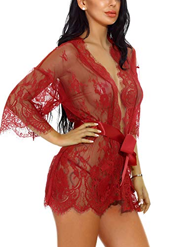 Sykooria Conjunto de Lencería Sexy Bata de Encaje Babydoll Kimono Ropa de Dormir Escote en V Profundo Camisón Camisón Ropa de Dormir Suave