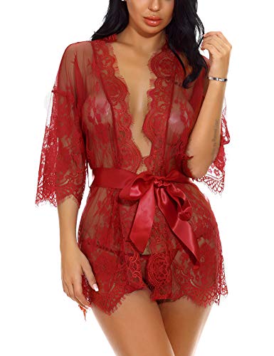 Sykooria Conjunto de Lencería Sexy Bata de Encaje Babydoll Kimono Ropa de Dormir Escote en V Profundo Camisón Camisón Ropa de Dormir Suave