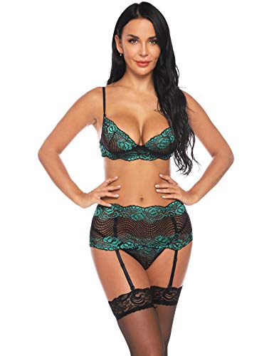 Sykooria Conjunto de Lencería Sexy Hueca Tirantes de Encaje Transparente Sujetadores con Liguero y Tanga Body Ropa de Dormir