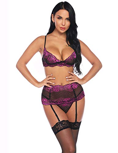 Sykooria Conjunto de Lencería Sexy Hueca Tirantes de Encaje Transparente Sujetadores con Liguero y Tanga Body Ropa de Dormir