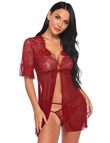 Sykooria Conjunto de Lencería Sexy para Mujer Pestaña Babydoll Frente Abierto Camisón de Encaje Floral Chaquetas Vestidos Malla Transparente Malla de Encaje de Media Manga