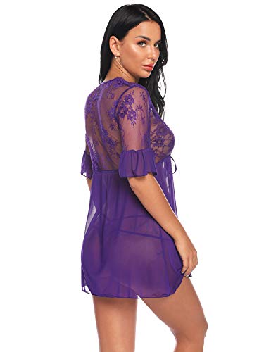 Sykooria Conjunto de Lencería Sexy para Mujer Pestaña Babydoll Frente Abierto Camisón de Encaje Floral Chaquetas Vestidos Malla Transparente Malla de Encaje de Media Manga