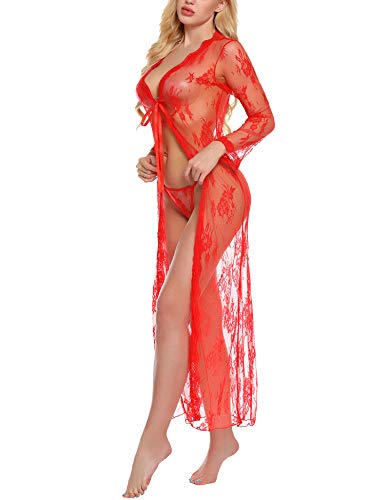 Sykooria Ropa de Dormir Sexy para Mujer, Manga Larga de Encaje Cubierta Ups Kimono Robe camisón Conjunto de lencería
