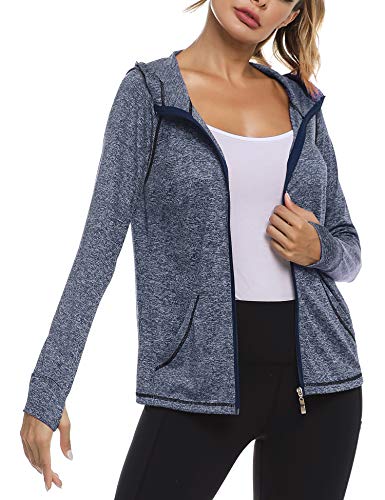 Sykooria Sudadera con Capucha Mujer Otoño Invierno Chaqueta Cálida Mujer Deportes Chaqueta Transpirable de Manga Larga con Cremallera para Correr Fitness-Bleu Marin-S