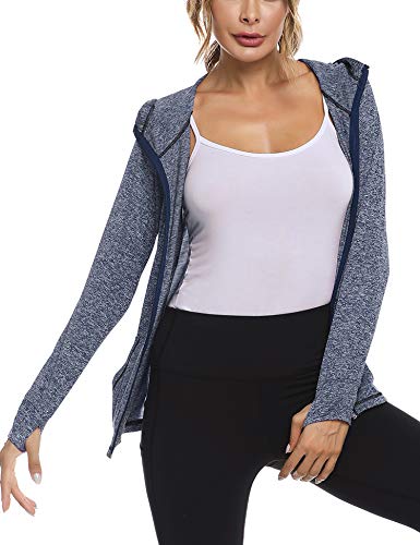 Sykooria Sudadera con Capucha Mujer Otoño Invierno Chaqueta Cálida Mujer Deportes Chaqueta Transpirable de Manga Larga con Cremallera para Correr Fitness-Bleu Marin-S