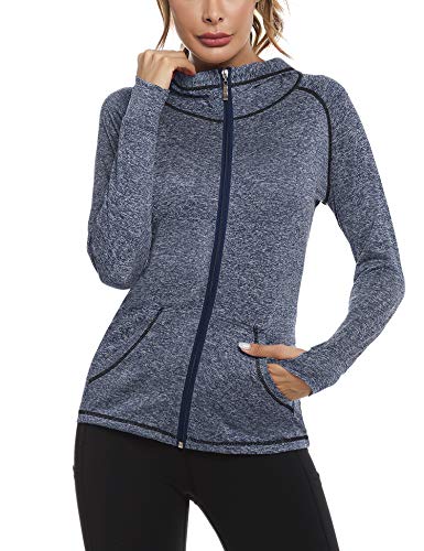 Sykooria Sudadera con Capucha Mujer Otoño Invierno Chaqueta Cálida Mujer Deportes Chaqueta Transpirable de Manga Larga con Cremallera para Correr Fitness-Bleu Marin-S