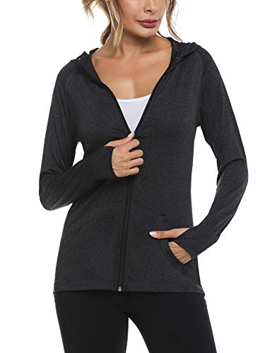 Sykooria Sudadera con Capucha Mujer Otoño Invierno Chaqueta Cálida Mujer Deportes Chaqueta Transpirable de Manga Larga con Cremallera para Correr Fitness-Negro-L
