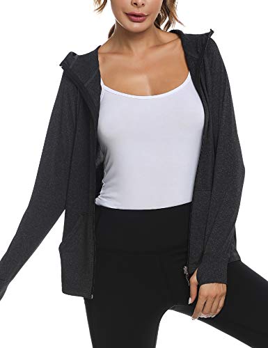 Sykooria Sudadera con Capucha Mujer Otoño Invierno Chaqueta Cálida Mujer Deportes Chaqueta Transpirable de Manga Larga con Cremallera para Correr Fitness-Negro-L