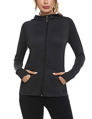 Sykooria Sudadera con Capucha Mujer Otoño Invierno Chaqueta Cálida Mujer Deportes Chaqueta Transpirable de Manga Larga con Cremallera para Correr Fitness-Negro-L