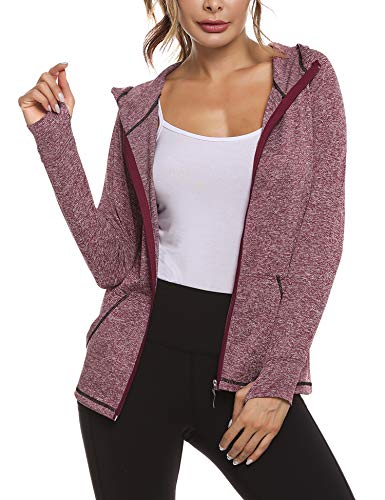 Sykooria Sudadera con Capucha Mujer Otoño Invierno Chaqueta Cálida Mujer Deportes Chaqueta Transpirable de Manga Larga con Cremallera para Correr Fitness-Vino Rojo-XL
