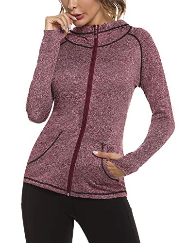 Sykooria Sudadera con Capucha Mujer Otoño Invierno Chaqueta Cálida Mujer Deportes Chaqueta Transpirable de Manga Larga con Cremallera para Correr Fitness-Vino Rojo-XL