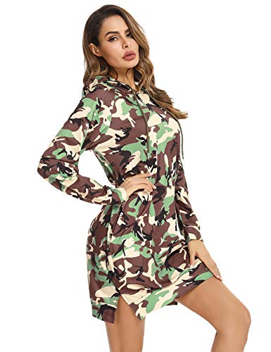 Sykooria Sudadera Larga con Capucha para Mujer Vestido Deportiva de Algodón con Bolsillos Jersey de Casual Camuflaje de Otoño Invierno
