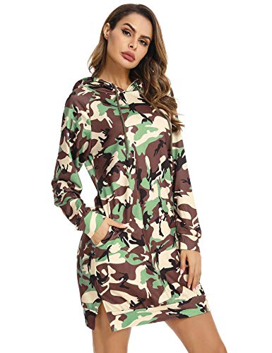 Sykooria Sudadera Larga con Capucha para Mujer Vestido Deportiva de Algodón con Bolsillos Jersey de Casual Camuflaje de Otoño Invierno