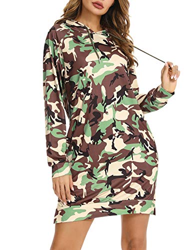 Sykooria Sudadera Larga con Capucha para Mujer Vestido Deportiva de Algodón con Bolsillos Jersey de Casual Camuflaje de Otoño Invierno