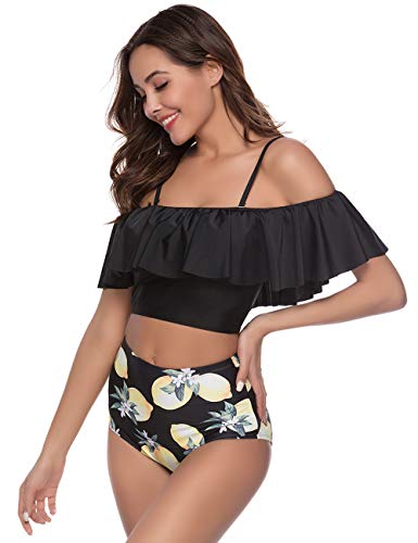 Sykooria Traje de Baño Mujer Bañador Top Flounce Bikini Set Acolchado con Estampado Floral Cintura Alta Push up con Relleno Playa de Verano S-XL