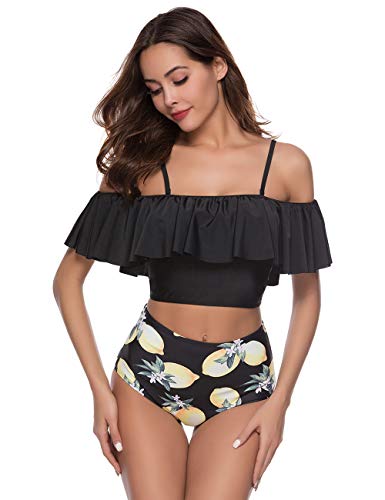 Sykooria Traje de Baño Mujer Bañador Top Flounce Bikini Set Acolchado con Estampado Floral Cintura Alta Push up con Relleno Playa de Verano S-XL