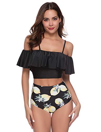 Sykooria Traje de Baño Mujer Bañador Top Flounce Bikini Set Acolchado con Estampado Floral Cintura Alta Push up con Relleno Playa de Verano S-XL