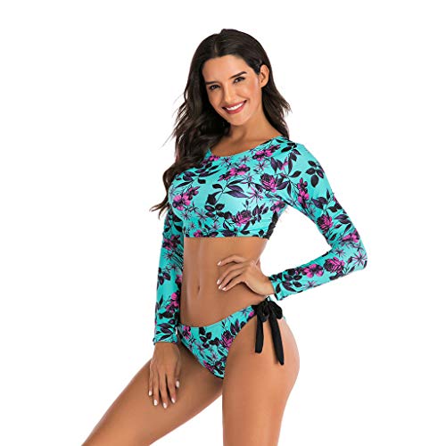 Sylar Bañador Deportivo Mujer Manga Larga Floral Impresión Traje de Baño Mujer Dos Piezas con Relleno Traje de Surf, Top + Calzoncillos S