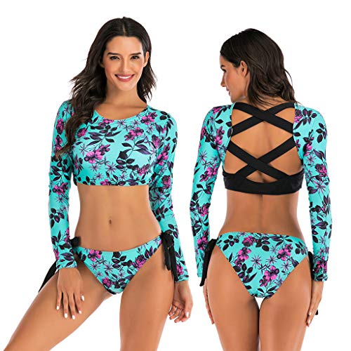 Sylar Bañador Deportivo Mujer Manga Larga Floral Impresión Traje de Baño Mujer Dos Piezas con Relleno Traje de Surf, Top + Calzoncillos S