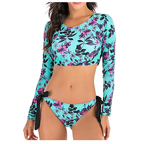 Sylar Bañador Deportivo Mujer Manga Larga Floral Impresión Traje de Baño Mujer Dos Piezas con Relleno Traje de Surf, Top + Calzoncillos S