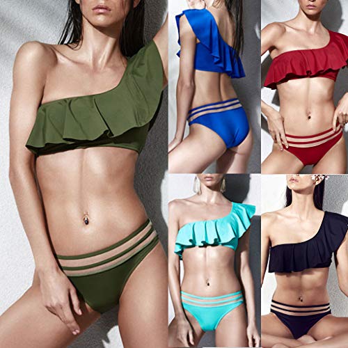 Sylar Bikinis Mujer 2019 Push Up Traje De Bañador De Mujer De Una Bikini Asimétrico Delgado En El Hombro Traje De Baño Mujer Cintura Alta Color Sólido con Volantes Playa Bikini Brasileño