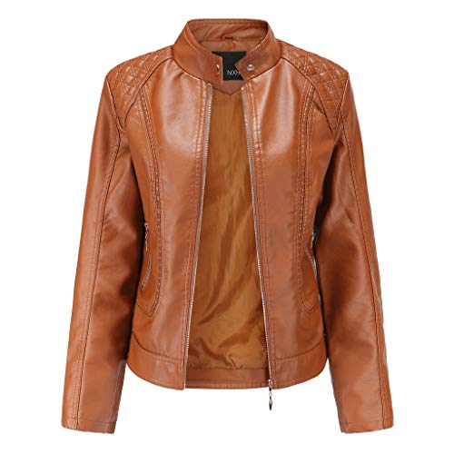 Sylar Chaqueta Moto Mujer, Chaquetas De Cuero Mujeres Slim Fit Cuello Alto Chaqueta De Motociclista con Cremallera Marrón Chaqueta Biker De Cuero para Mujer Chaquetas Bomber Mujer Moda Mujer Abrigos