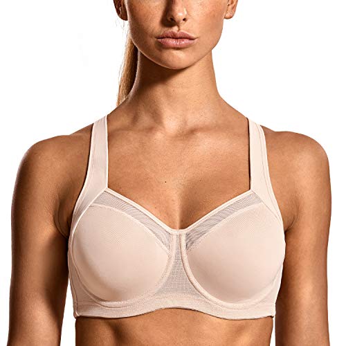 SYROKAN - Sujetador Deportivo con Aros Espalda Deportiva Sin Relleno para Mujer Beige 95B