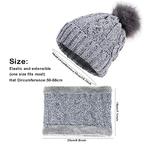 Tacobear Gorro Invierno Mujer y Bufanda Círculo Sombreros de punto Mujer Caliente Gorros de punto con Pompón Cuello Gruesa Bufanda Invierno Bufanda de Punto para Mujer (gris)