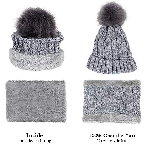 Tacobear Gorro Invierno Mujer y Bufanda Círculo Sombreros de punto Mujer Caliente Gorros de punto con Pompón Cuello Gruesa Bufanda Invierno Bufanda de Punto para Mujer (gris)