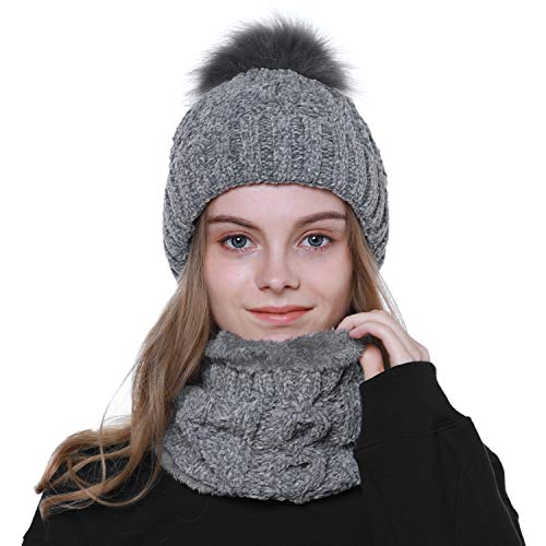 Tacobear Gorro Invierno Mujer y Bufanda Círculo Sombreros de punto Mujer Caliente Gorros de punto con Pompón Cuello Gruesa Bufanda Invierno Bufanda de Punto para Mujer (gris)