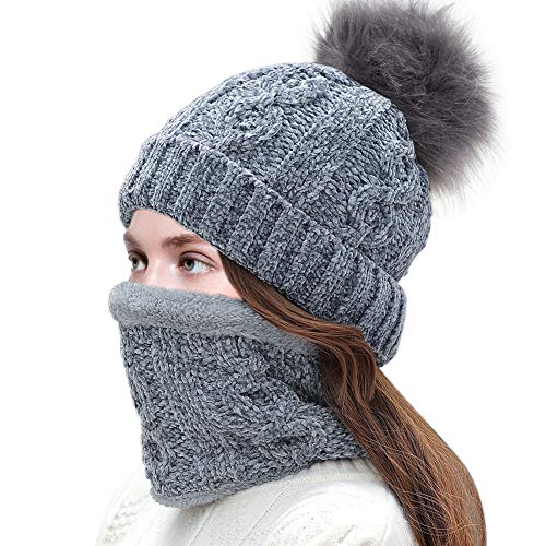 Tacobear Gorro Invierno Mujer y Bufanda Círculo Sombreros de punto Mujer Caliente Gorros de punto con Pompón Cuello Gruesa Bufanda Invierno Bufanda de Punto para Mujer (gris)