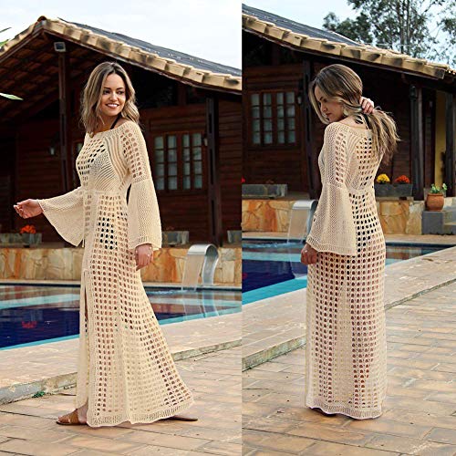 Tacobear Mujer Pareos Playa Traje de Baño Largo Verano Vestido de Playa Sexy Bikini Cover up Camisola de Playa Túnica de Punto (Beige)