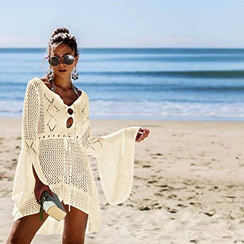 Tacobear Mujer Pareos Playa Traje de Baño Verano Vestido de Playa Sexy Bikini Cover up Camisola de Playa Túnica de Punto (Beige)