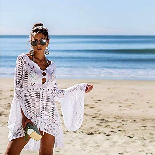 Tacobear Mujer Pareos Playa Traje de Baño Verano Vestido de Playa Sexy Bikini Cover up Camisola de Playa Túnica de Punto (Blanco)
