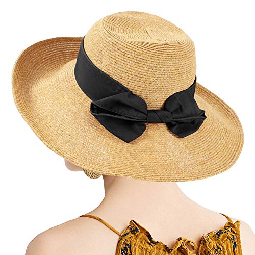 Tacobear Pamela Mujer Verano Sombrero Plegable Sombrero de Playa ala Ancha Sombrero de Sol Gorro de Paja Viaje Vacaciones Protección UV para Mujer (Negro)