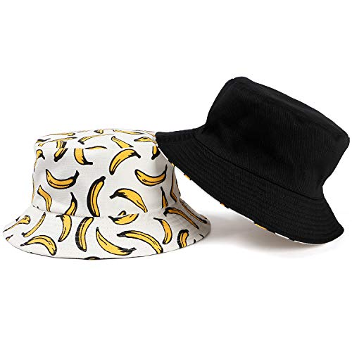 Tacobear Unisex Pescador Sombrero Bucket Gorro Bucket Hat con Estampado de Frutas Sombrero de Sol Aire Libre Plegable Gorra Protección contra Sol UV para Hombre y Mujer (Blanco Plátano)