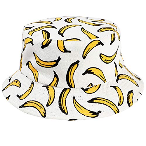 Tacobear Unisex Pescador Sombrero Bucket Gorro Bucket Hat con Estampado de Frutas Sombrero de Sol Aire Libre Plegable Gorra Protección contra Sol UV para Hombre y Mujer (Blanco Plátano)