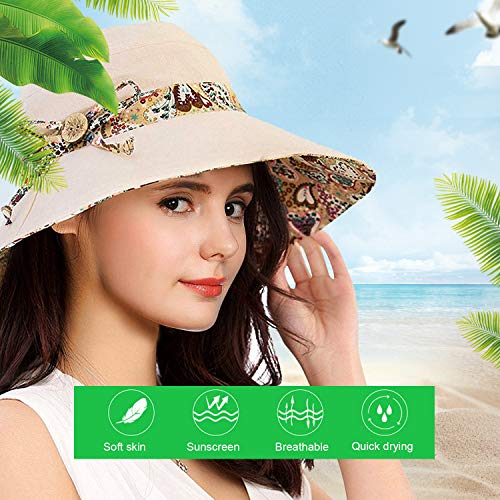 TAGVO Sombrero de Verano para Mujer Sombreros Desmontables del Bowknot para Mujer Sombrero de Playa Empaquetado de ala Ancha Plegable y Protector Solar con cordón