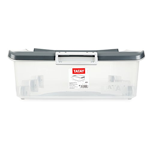 Tatay Caja de Almacenamiento Multiusos bajo Cama Ruedas 63 l de Capacidad plástico Polipropileno Libre de bpa Transparente con Tapa, Gris, 45 x 77 x 18 cm