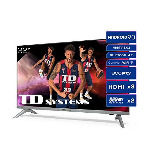 TD Systems K32DLJ12HS - Televisores Smart TV 32 Pulgadas HD Android 9.0 y HBBTV, 800 PCI Hz, 3X HDMI, 2X USB. DVB-T2/C/S2, Modo Hotel. Televisiones