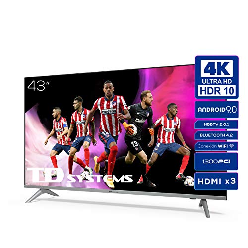 TD Systems K43DLJ12US - Televisores Smart TV 43 Pulgadas 4k UHD Android 9.0 y HBBTV, 1300 PCI Hz, 3X HDMI, 2X USB. DVB-T2/C/S2, Modo Hotel. Televisiones