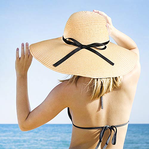 Tencoz Sombrero de Paja para Mujer, Sombrero de Verano de Paja Plegable Ajustable Sombrero de Vacaciones ala Ancha 5.90 ″ -UPF 30