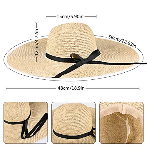 Tencoz Sombrero de Paja para Mujer, Sombrero de Verano de Paja Plegable Ajustable Sombrero de Vacaciones ala Ancha 5.90 ″ -UPF 30