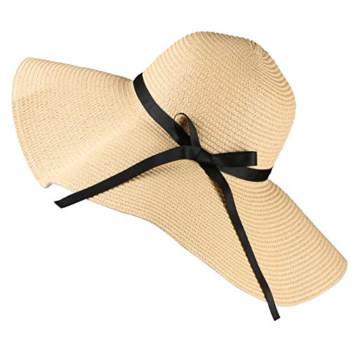 Tencoz Sombrero de Paja para Mujer, Sombrero de Verano de Paja Plegable Ajustable Sombrero de Vacaciones ala Ancha 5.90 ″ -UPF 30